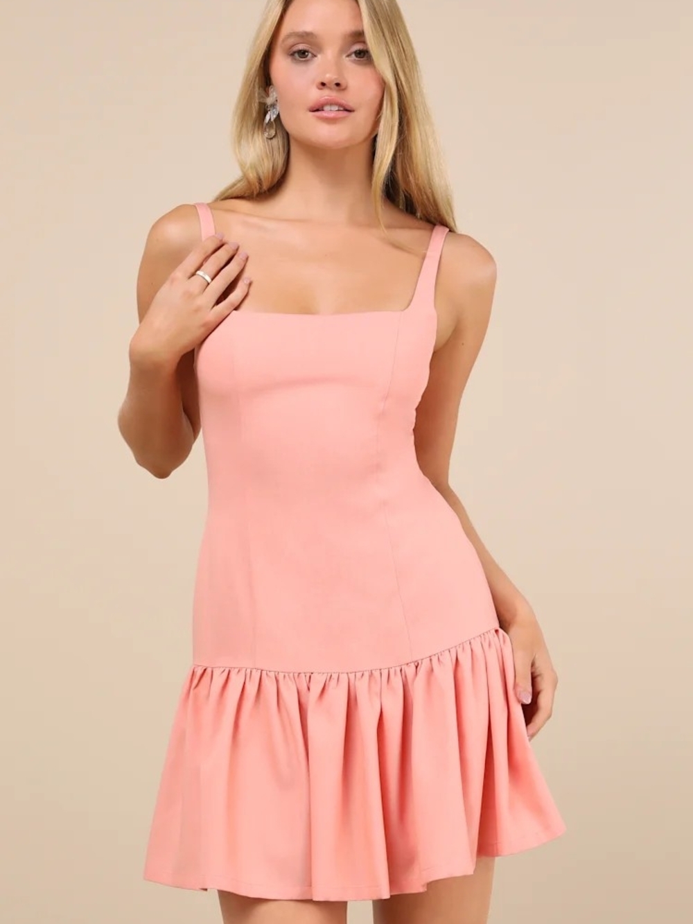 Lulus Adorable Concept Peach Lace Up Back Drop Waist Mini Dress Large